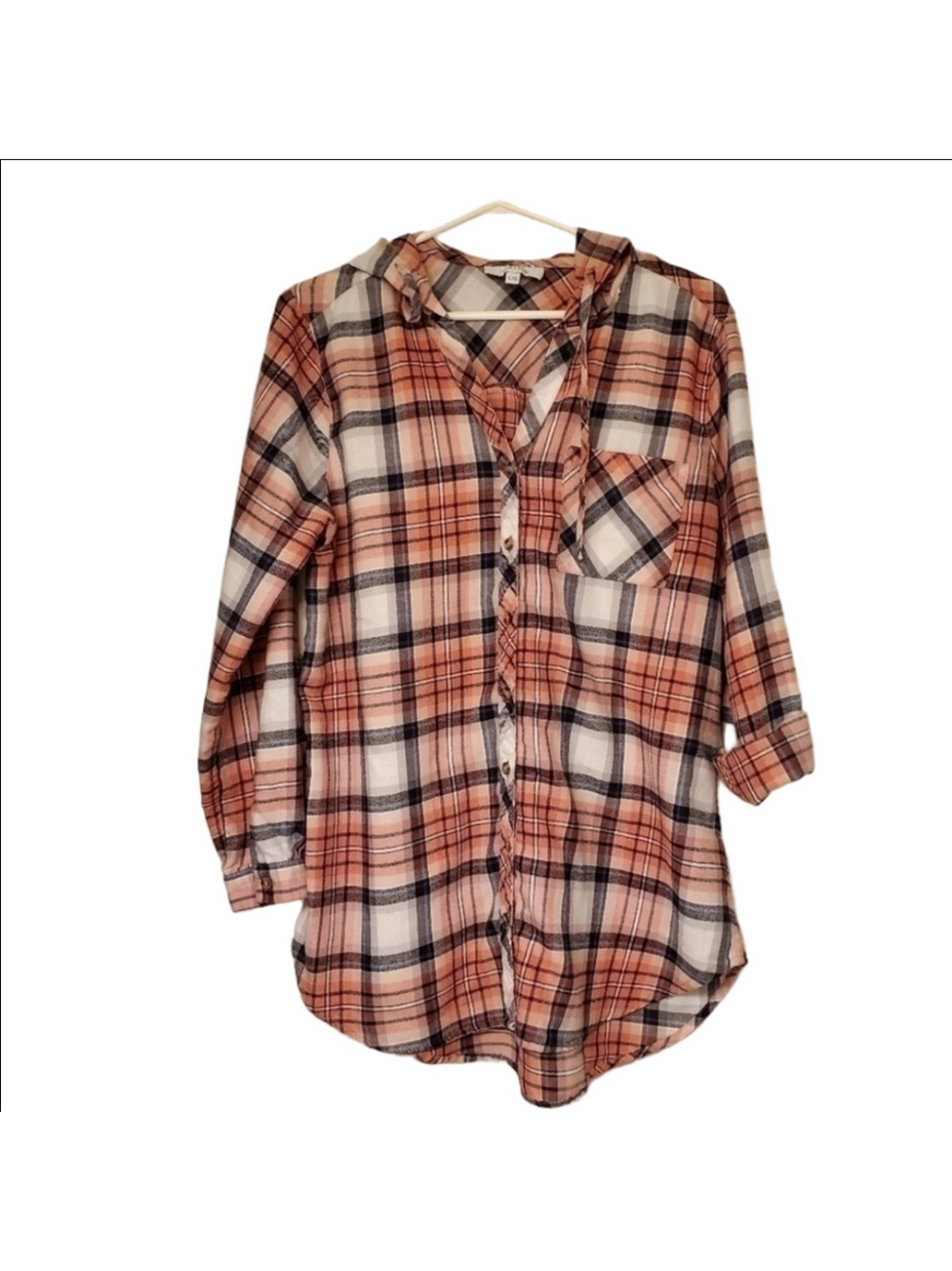 mySTYLE Plaid Button Down Shirt Oversized Hood Flannel-like Long Sleeves Pink Lg